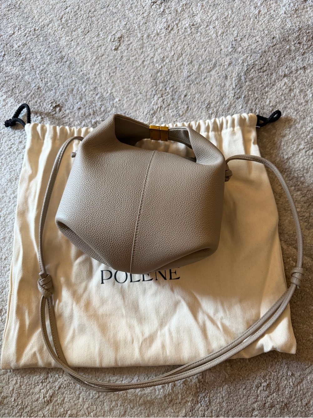Polene Taupe Leather Beri Mini Handbag with Shoulder and Crossbody Strap